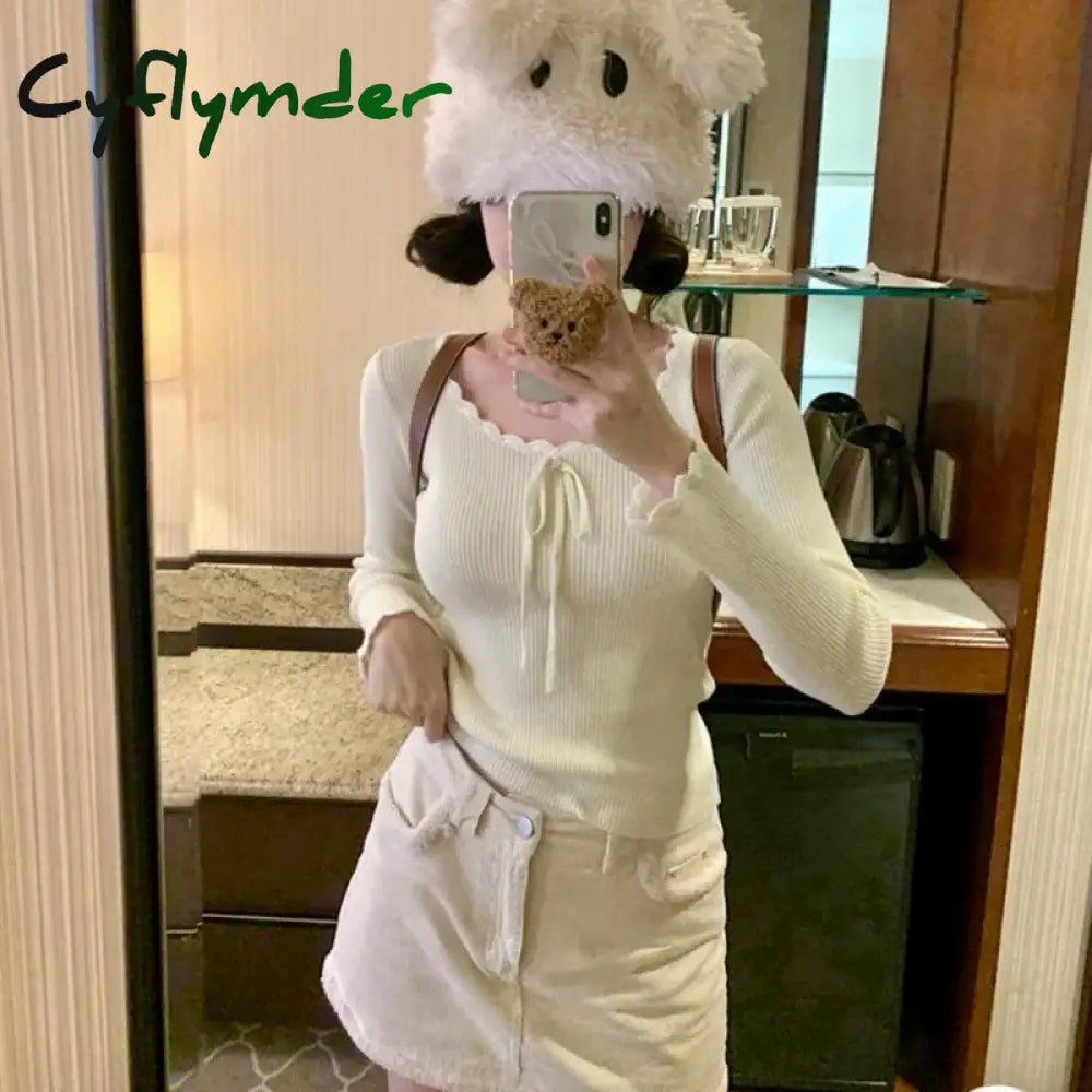 Cyflymder Kawaii Bow T-shirts Women Coquette Lace Sexy Korean Fashion Sweet Long Sleeve Cutecore Slim Up Solid