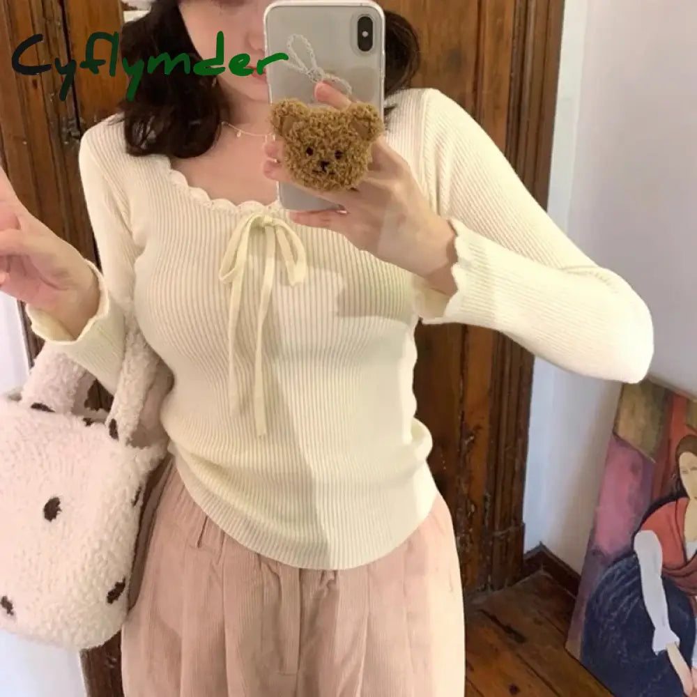 Cyflymder Kawaii Bow T-shirts Women Coquette Lace Sexy Korean Fashion Sweet Long Sleeve Cutecore Slim Up Solid