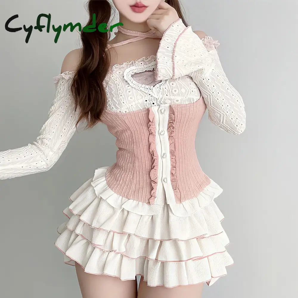 Cyflymder Kawaii Clothing Knitted 3 Piece Tutu Skirts Sets Y2K Crop Tops Blouse + Mini Lolita Suit