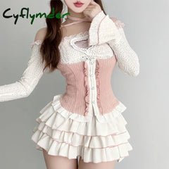 Cyflymder Kawaii Clothing Knitted 3 Piece Tutu Skirts Sets Y2K Crop Tops Blouse + Mini Lolita Suit