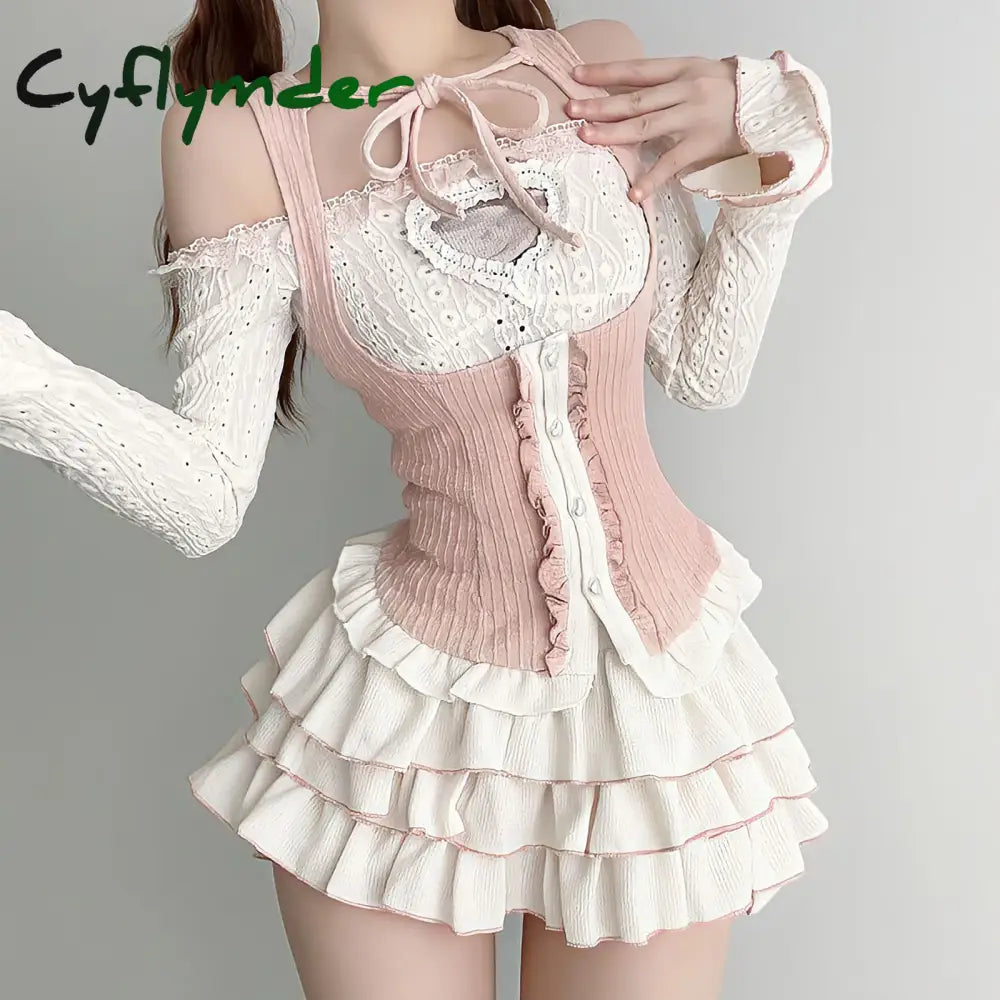 Cyflymder Kawaii Clothing Knitted 3 Piece Tutu Skirts Sets Y2K Crop Tops Blouse + Mini Lolita Suit