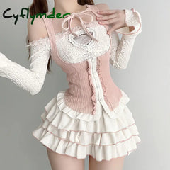 Cyflymder Kawaii Clothing Knitted 3 Piece Tutu Skirts Sets Y2K Crop Tops Blouse + Mini Lolita Suit