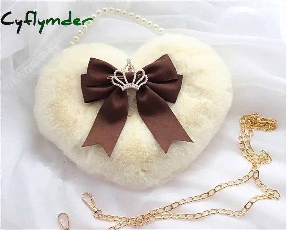 Cyflymder Kawaii Heart-Shaped Lolita Girl Messenger Bag Harajuku Plush Bow Jk Uniform Cute Furry