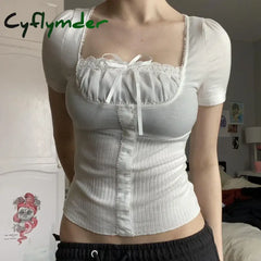 Cyflymder Kawaii Lace Trim Bow Square Collar Short Sleeve Tees Preppy Cute Milkmaid Crop Tops 2000S