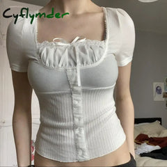 Cyflymder Kawaii Lace Trim Bow Square Collar Short Sleeve Tees Preppy Cute Milkmaid Crop Tops 2000S