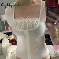 Cyflymder Kawaii Lace Trim Bow Square Collar Short Sleeve Tees Preppy Cute Milkmaid Crop Tops 2000S