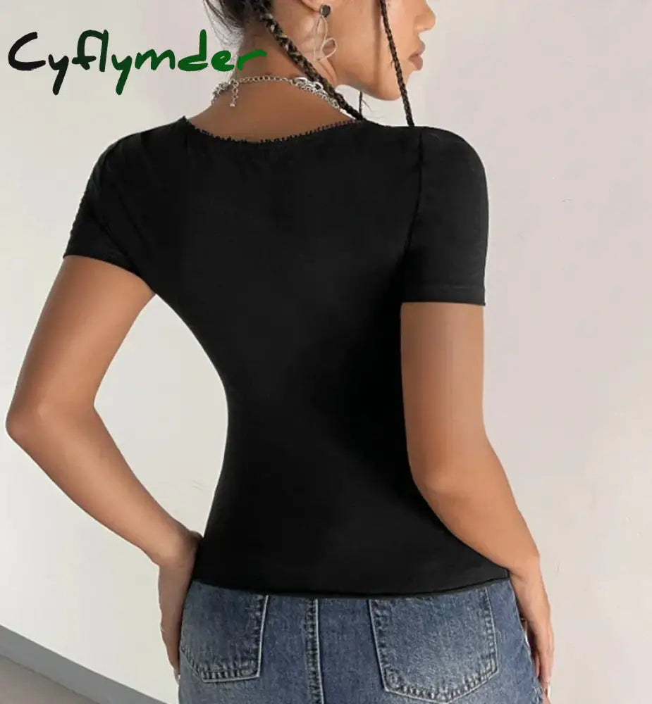 Cyflymder Kawaii Lace Trim Bow Square Collar Short Sleeve Tees Preppy Cute Milkmaid Crop Tops 2000S