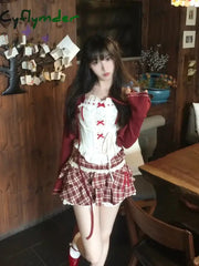 Cyflymder Kawaii Lolita Style Sweet 3 Piece Set Woman Cute Short Cardigan Bow Floral Vest Y2K Plaid