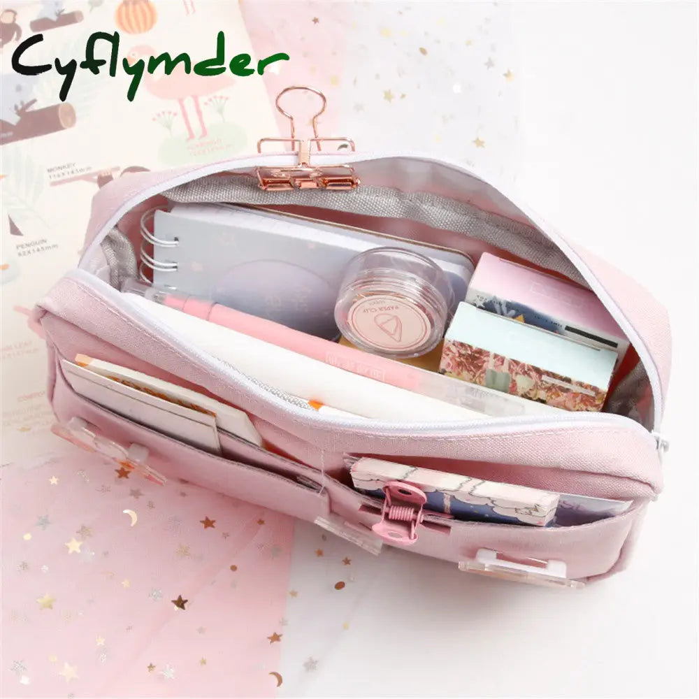 Cyflymder Kawaii Pencil Case Candy Color Bag With Badges Large Capacity Pen Canvas Stationery