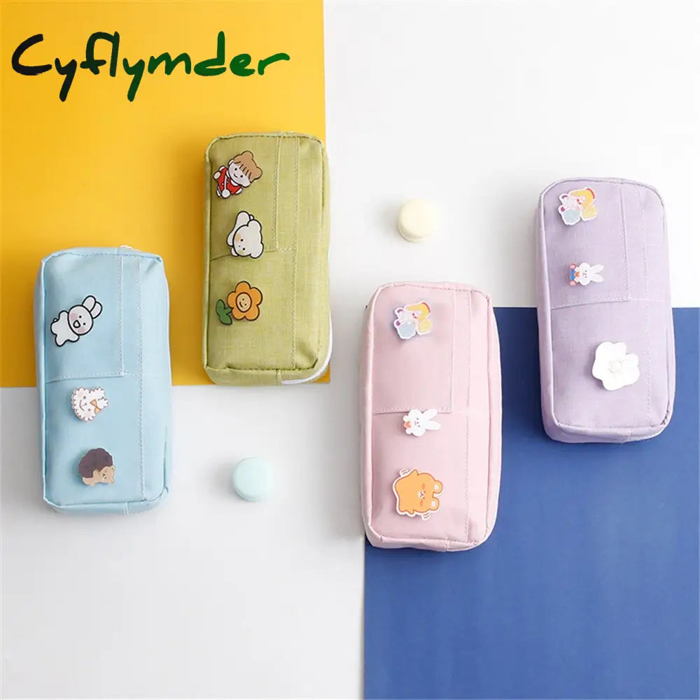 Cyflymder Kawaii Pencil Case Candy Color Bag With Badges Large Capacity Pen Canvas Stationery