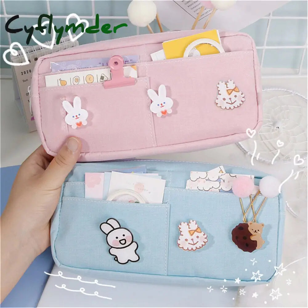 Cyflymder Kawaii Pencil Case Candy Color Bag With Badges Large Capacity Pen Canvas Stationery