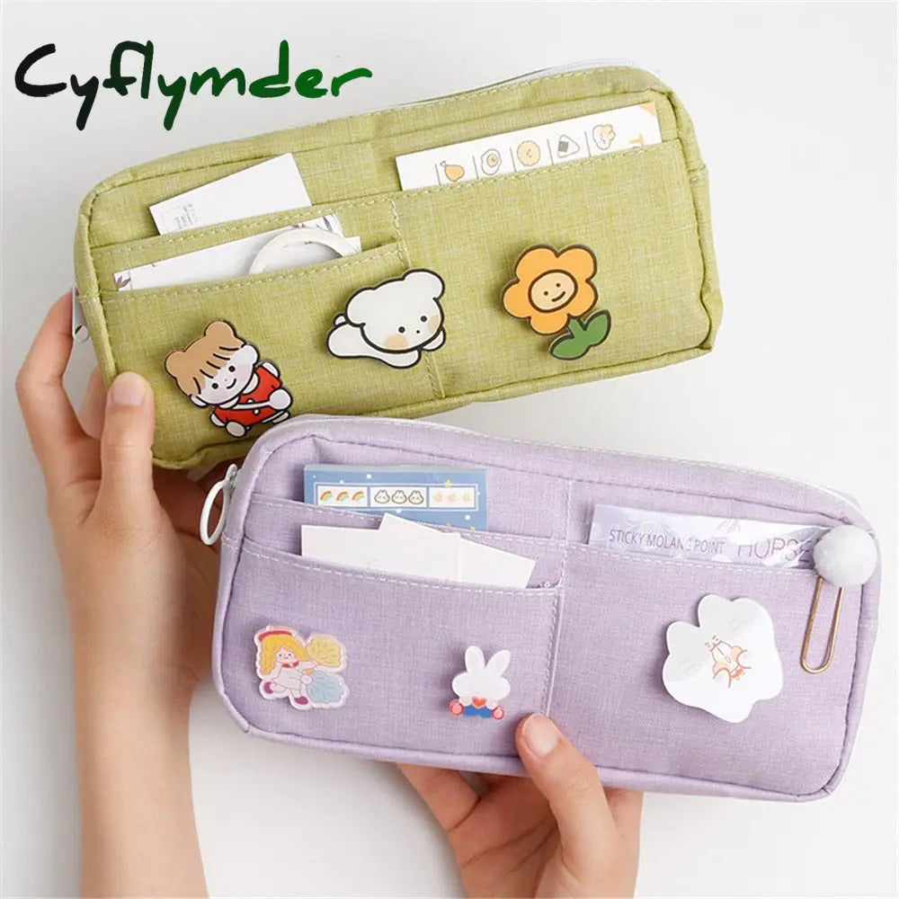 Cyflymder Kawaii Pencil Case Candy Color Bag With Badges Large Capacity Pen Canvas Stationery