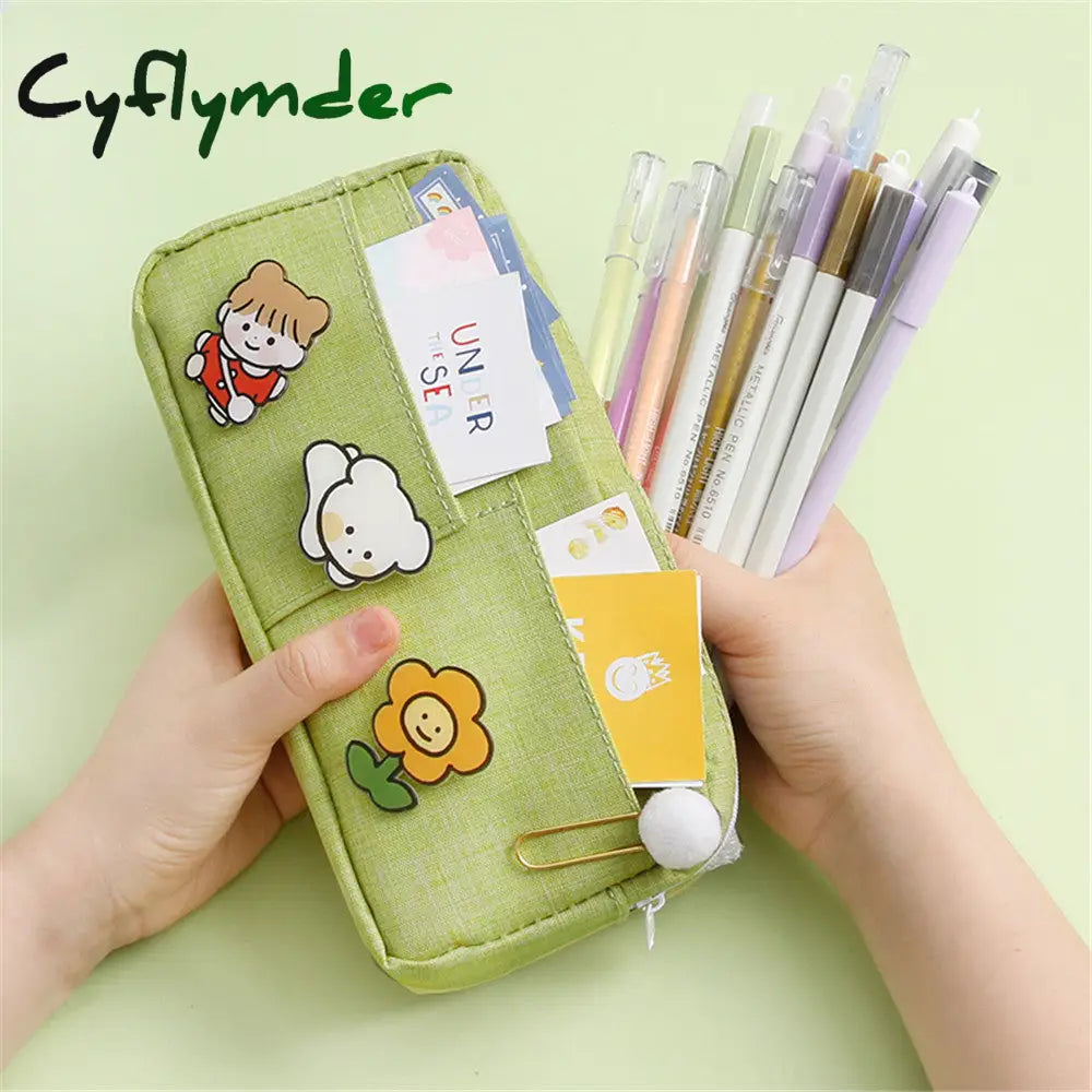 Cyflymder Kawaii Pencil Case Candy Color Bag With Badges Large Capacity Pen Canvas Stationery