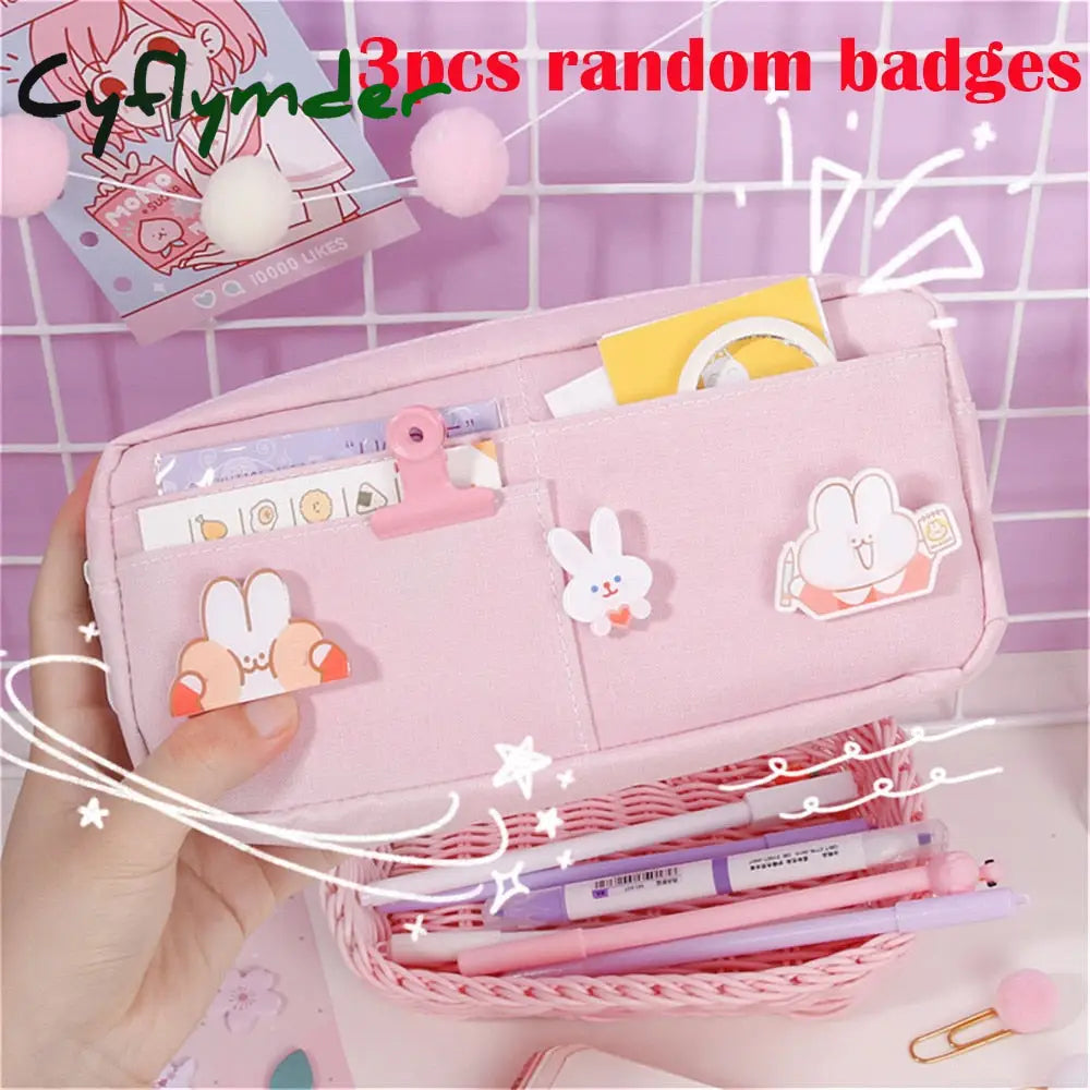 Cyflymder Kawaii Pencil Case Candy Color Bag With Badges Large Capacity Pen Canvas Stationery