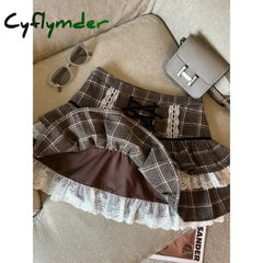 Cyflymder Kawaii Ruffle Lace Plaid Skirts Women Sweet Elegant Mini Skirt Cutecore Autumn Winter Patchwork A-line Short