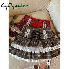 Cyflymder Kawaii Ruffle Lace Plaid Skirts Women Sweet Elegant Mini Skirt Cutecore Autumn Winter Patchwork A-line Short