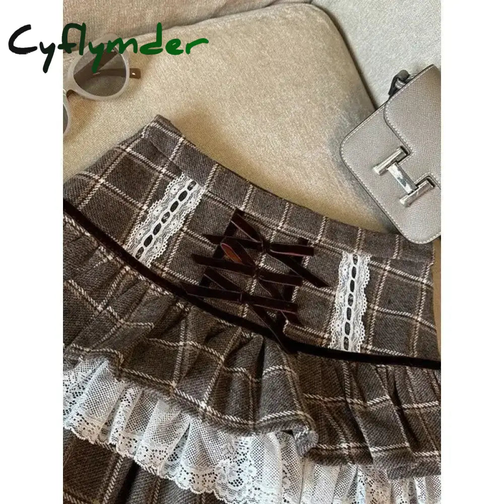 Cyflymder Kawaii Ruffle Lace Plaid Skirts Women Sweet Elegant Mini Skirt Cutecore Autumn Winter Patchwork A-line Short