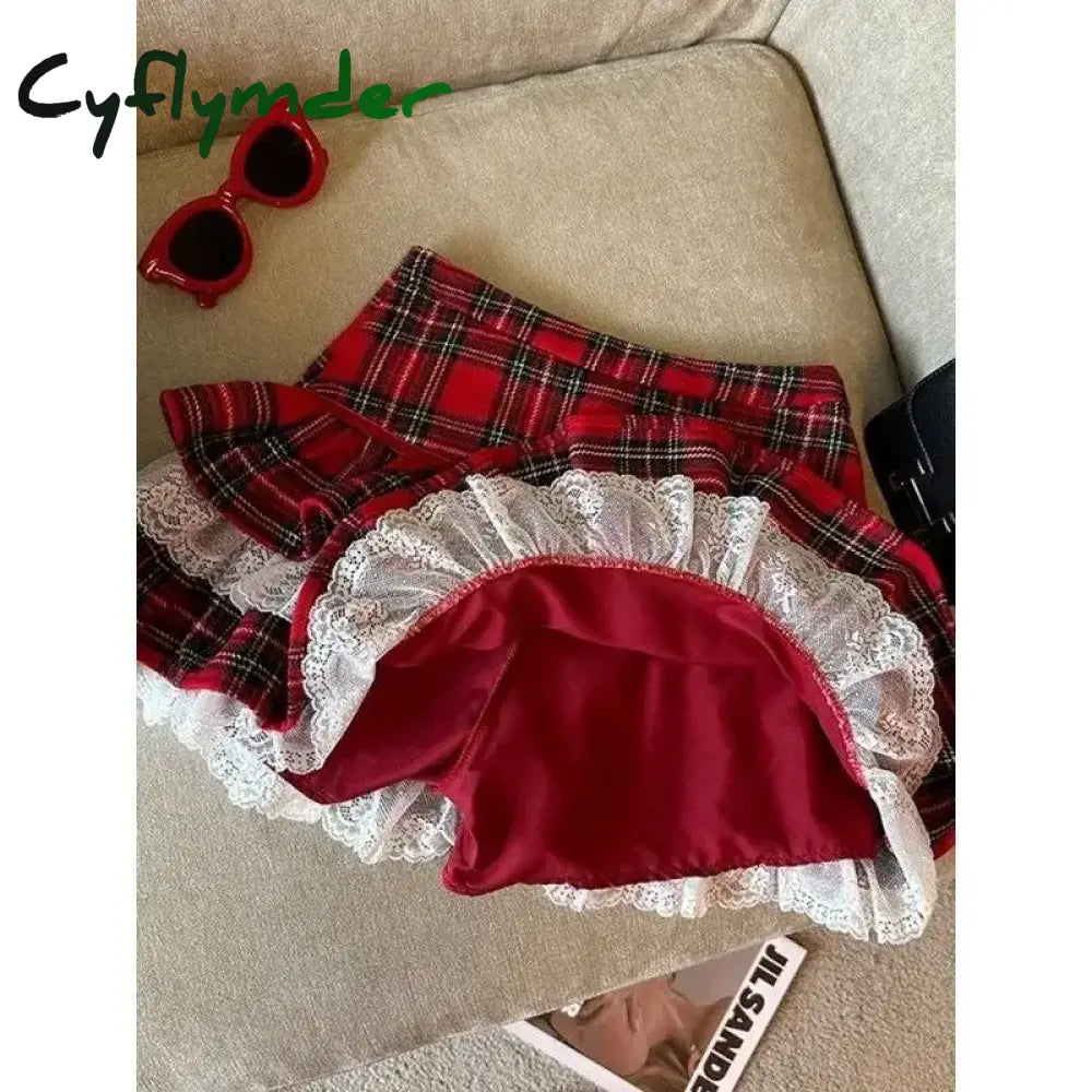 Cyflymder Kawaii Ruffle Lace Plaid Skirts Women Sweet Elegant Mini Skirt Cutecore Autumn Winter Patchwork A-line Short