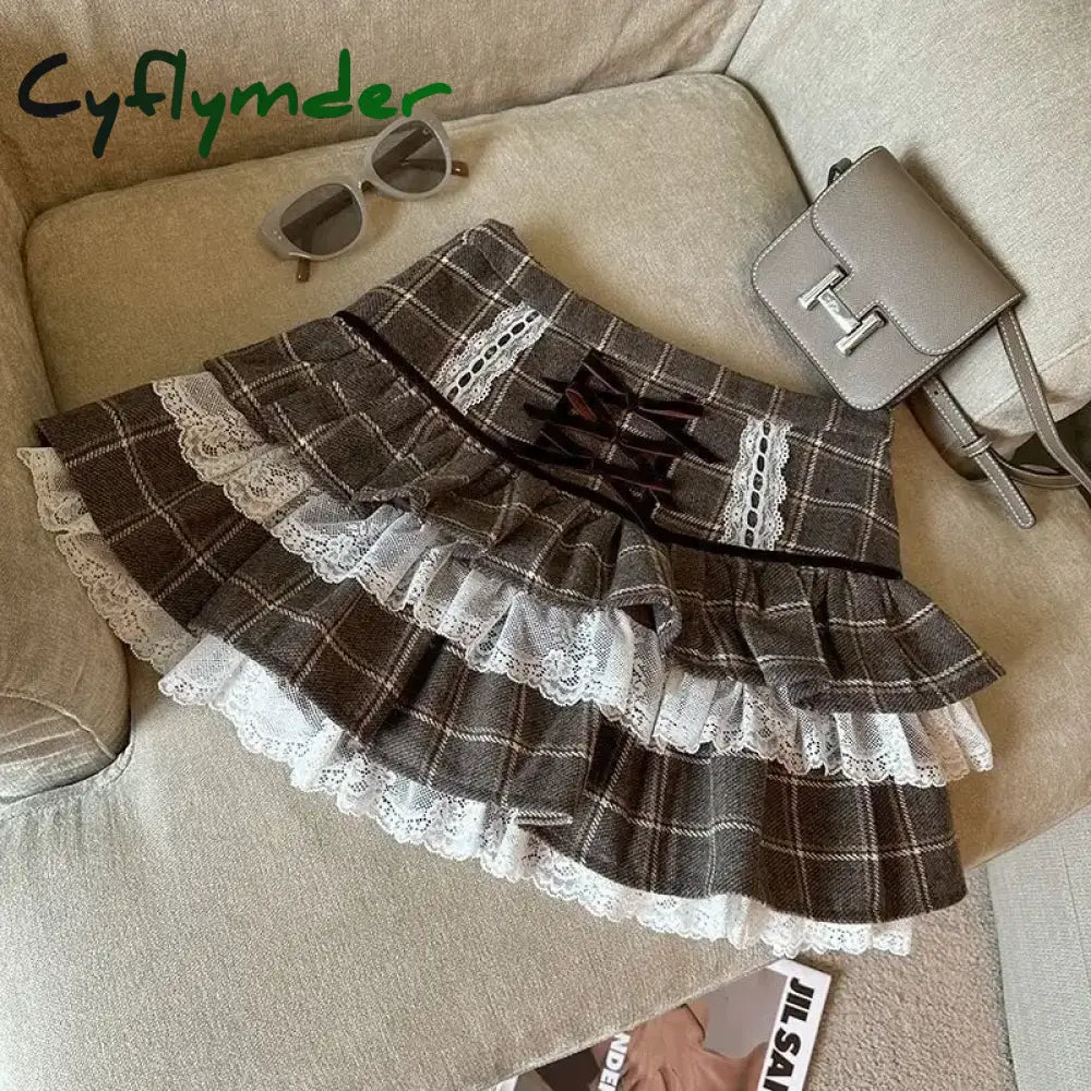 Cyflymder Kawaii Ruffle Lace Plaid Skirts Women Sweet Elegant Mini Skirt Cutecore Autumn Winter Patchwork A-line Short