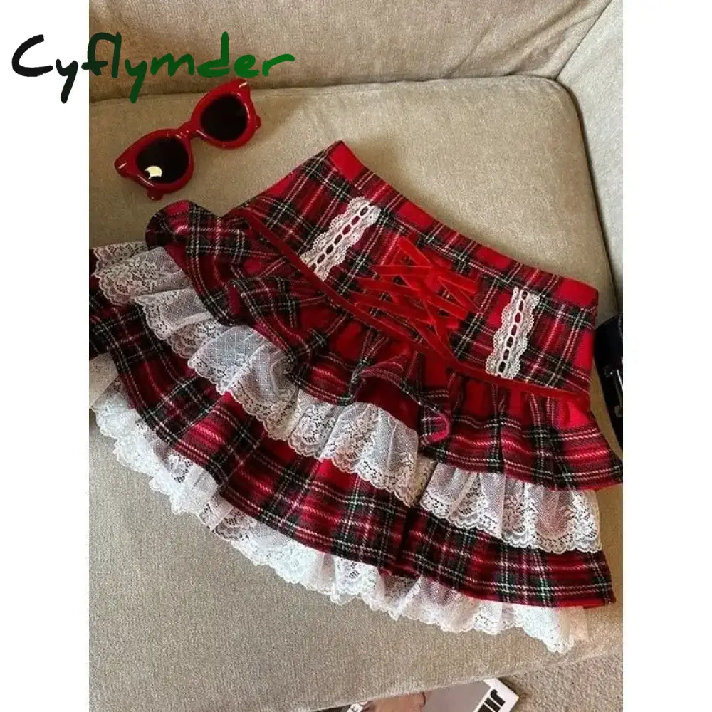 Cyflymder Kawaii Ruffle Lace Plaid Skirts Women Sweet Elegant Mini Skirt Cutecore Autumn Winter Patchwork A-line Short