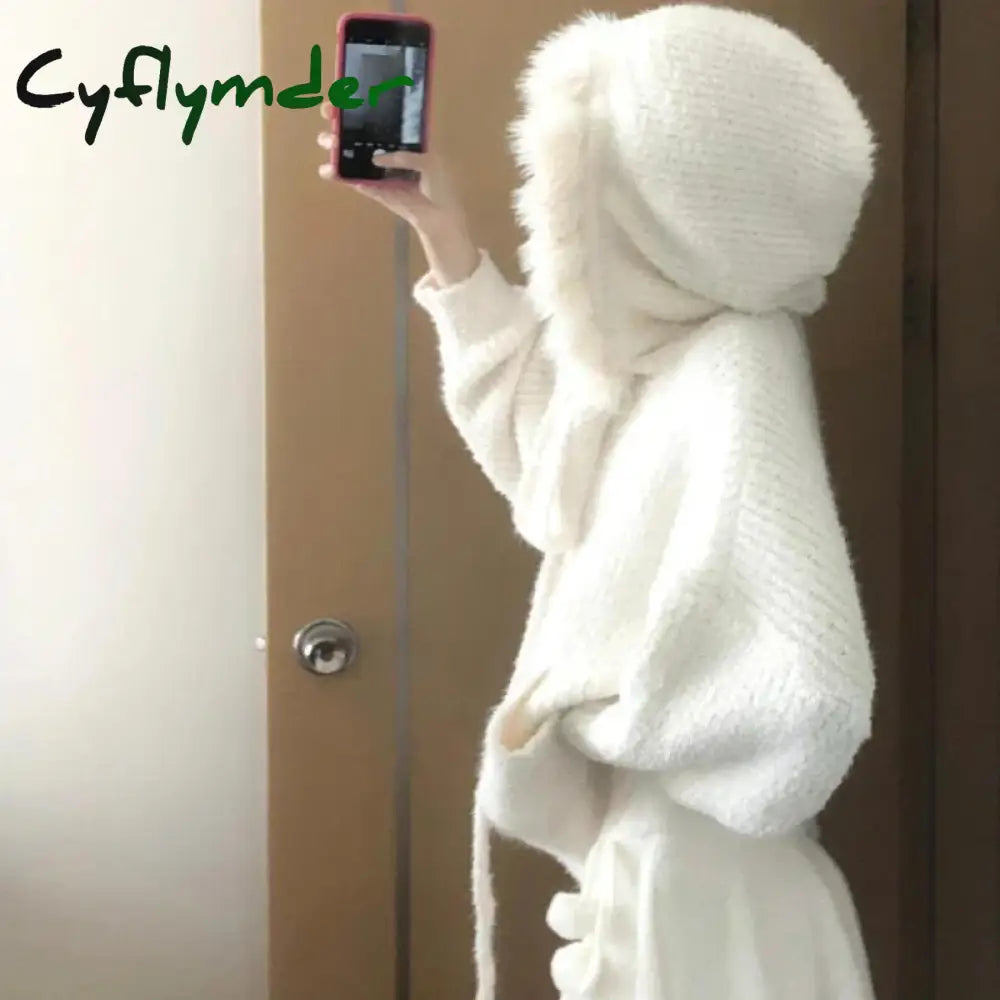 Cyflymder Kawaii Sweet Knitted Cardigan Women Elegant Zip Up Hooded Cardigan Cute Japanese Style Solid Autumn Winter