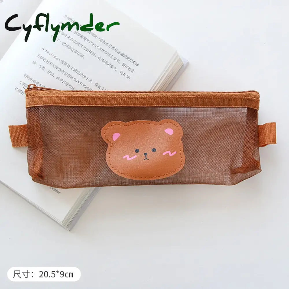 Cyflymder Kawaii Transparen Bear Mesh Pencil Bag Pens Pouch Storage Case Brush Holder Big Capacity