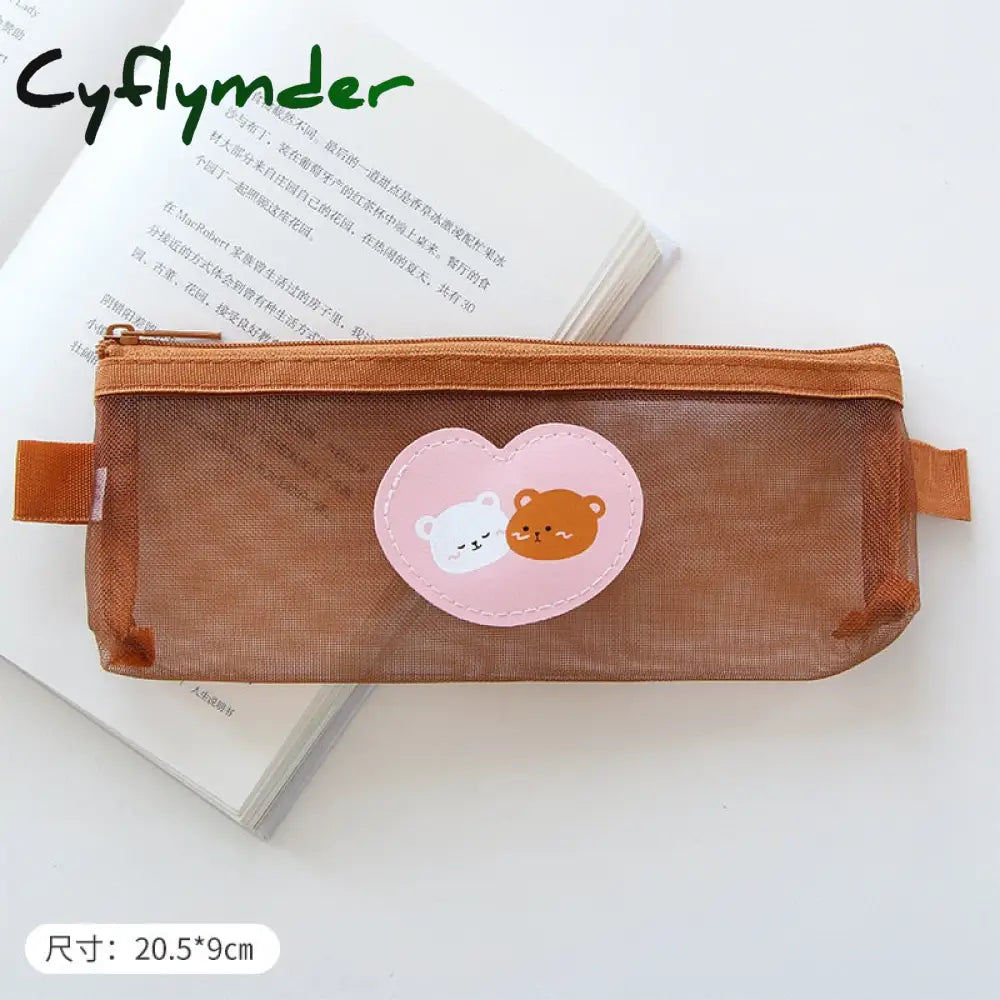 Cyflymder Kawaii Transparen Bear Mesh Pencil Bag Pens Pouch Storage Case Brush Holder Big Capacity