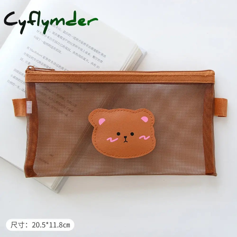 Cyflymder Kawaii Transparen Bear Mesh Pencil Bag Pens Pouch Storage Case Brush Holder Big Capacity