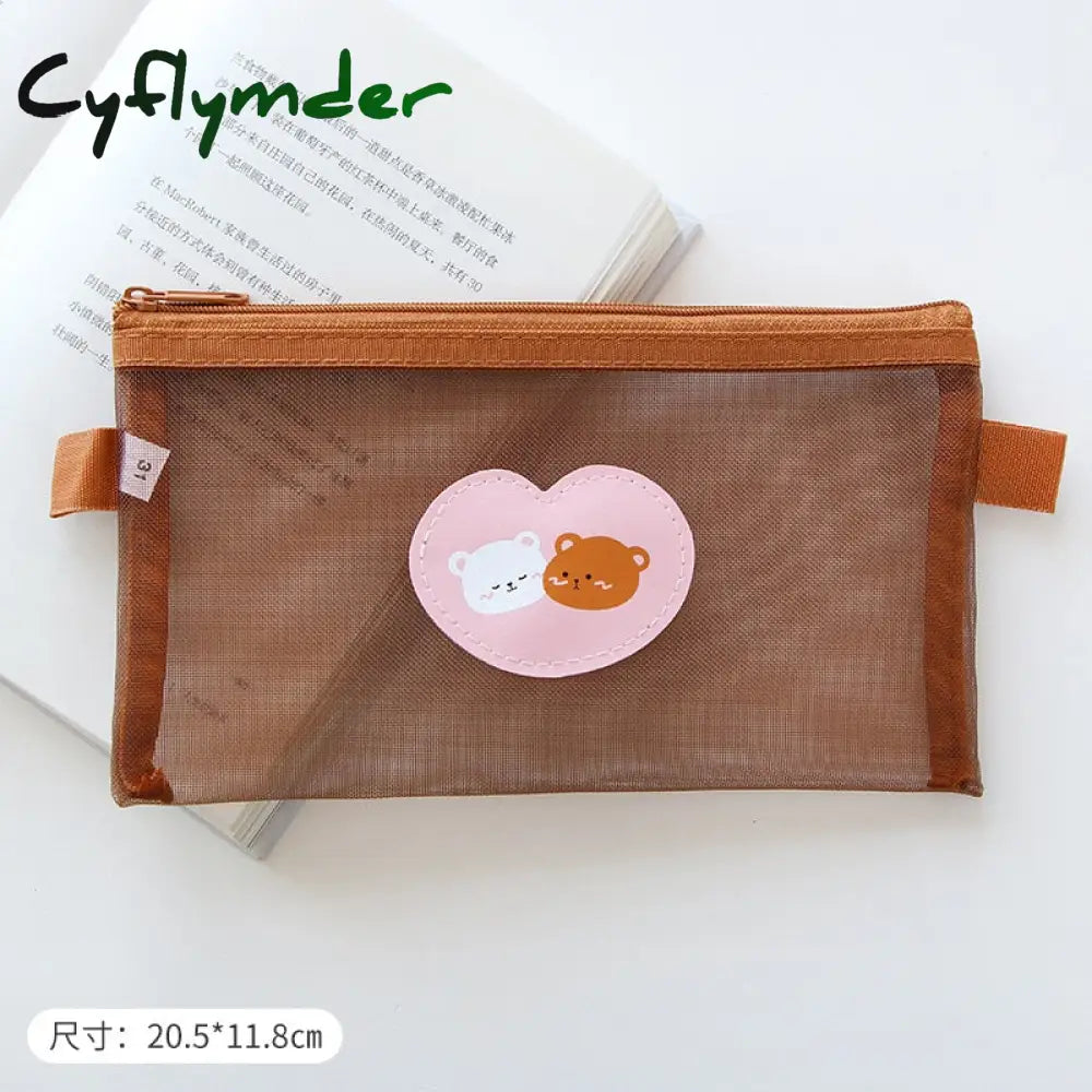 Cyflymder Kawaii Transparen Bear Mesh Pencil Bag Pens Pouch Storage Case Brush Holder Big Capacity