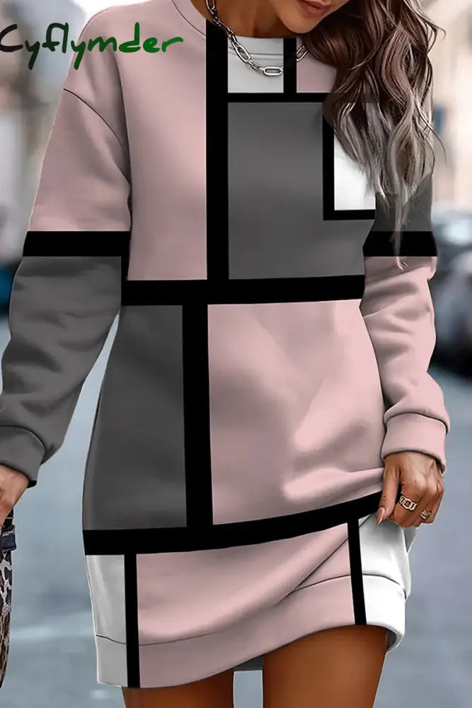 Cyflymder - Khaki Casual Print Basic O Neck Long Sleeve Dresses Pink Gray / S