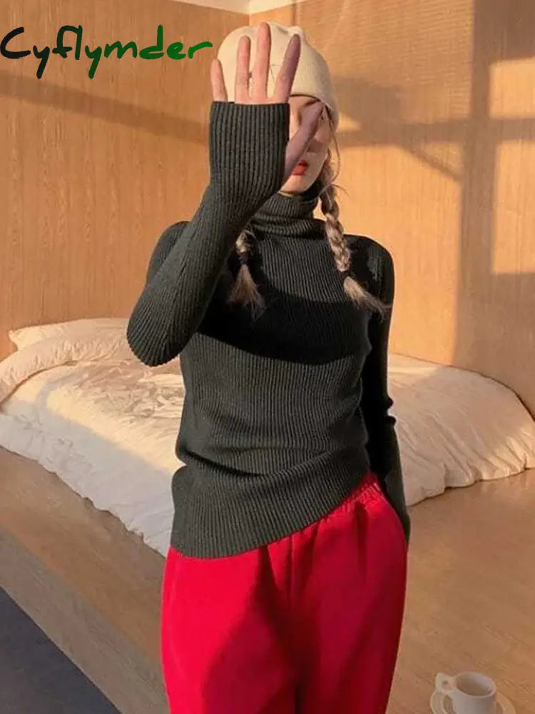 Cyflymder Knitted Sweater Women Korean Version Turtleneck Sweater Winter Solid Color Pullover Slimming Interior Lapping