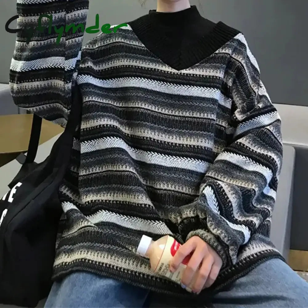 Cyflymder Knitted Sweaters Women Casual V Neck Stripe Pullover Sweater Autumn-winter Retro Jumper Harajuku Oversized