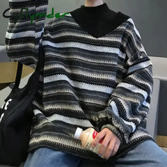 Cyflymder Knitted Sweaters Women Casual V Neck Stripe Pullover Sweater Autumn-winter Retro Jumper Harajuku Oversized