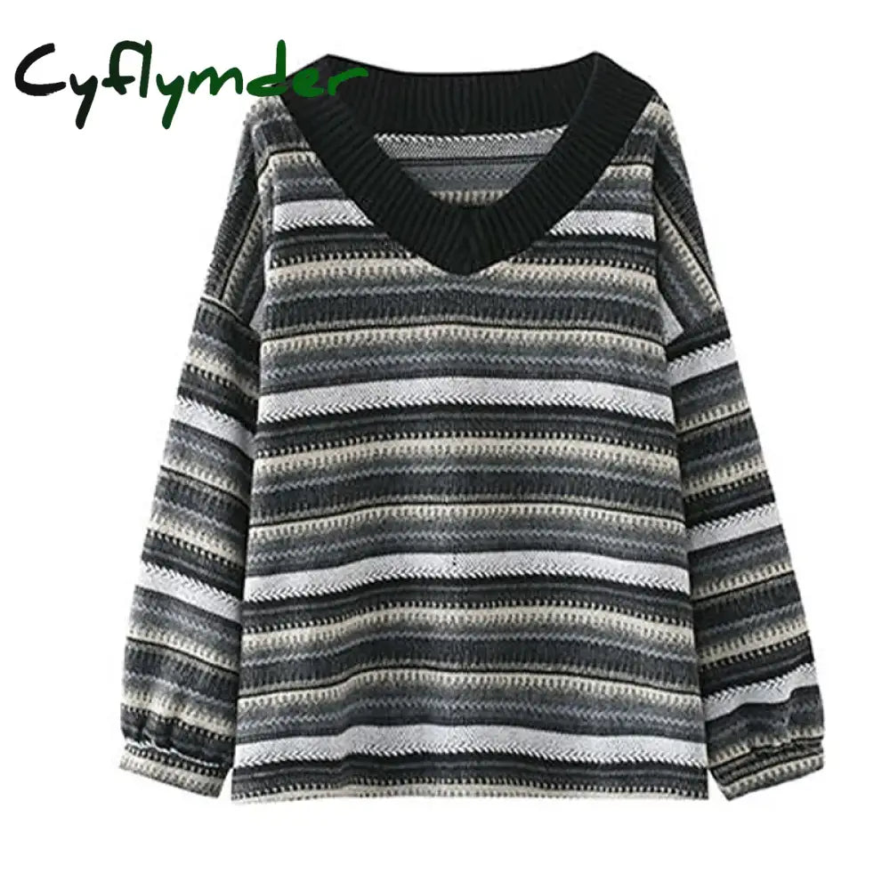 Cyflymder Knitted Sweaters Women Casual V Neck Stripe Pullover Sweater Autumn-winter Retro Jumper Harajuku Oversized