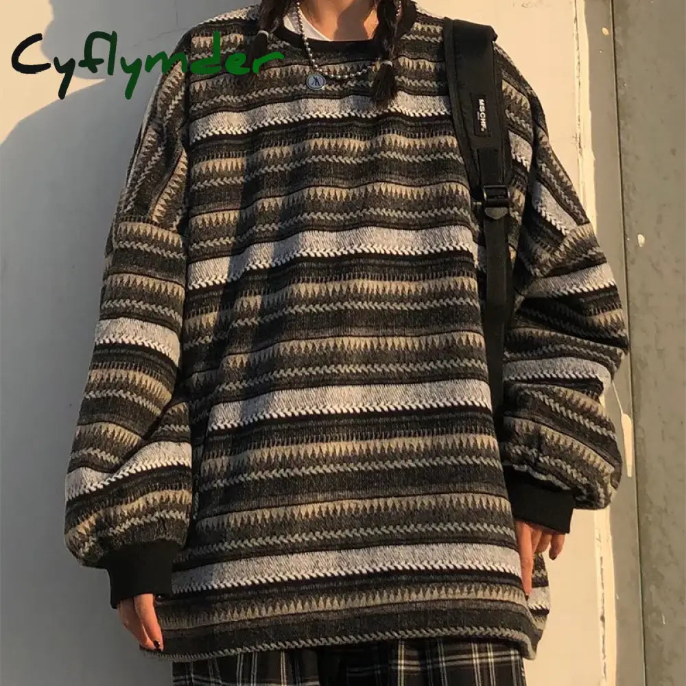Cyflymder Knitted Sweaters Women Casual V Neck Stripe Pullover Sweater Autumn-winter Retro Jumper Harajuku Oversized