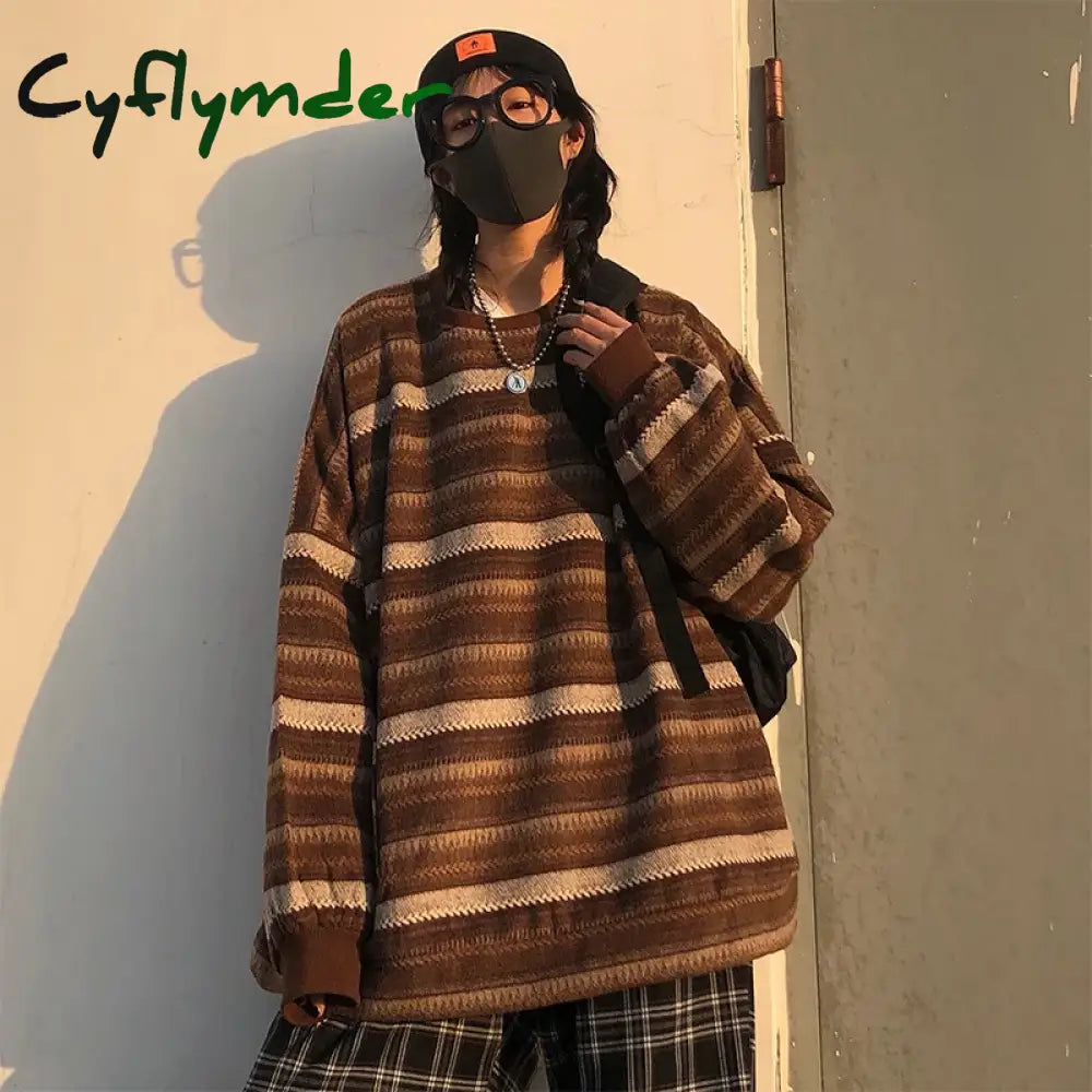 Cyflymder Knitted Sweaters Women Casual V Neck Stripe Pullover Sweater Autumn-winter Retro Jumper Harajuku Oversized