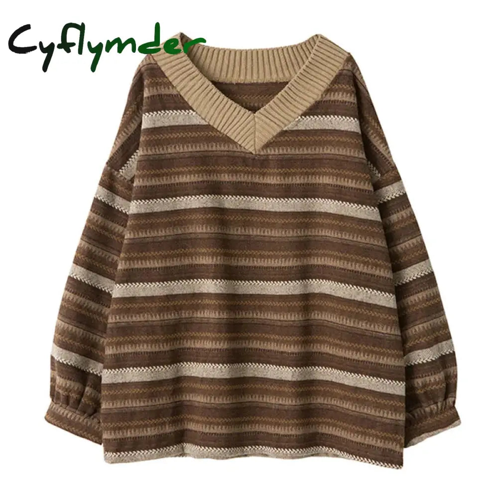 Cyflymder Knitted Sweaters Women Casual V Neck Stripe Pullover Sweater Autumn-winter Retro Jumper Harajuku Oversized