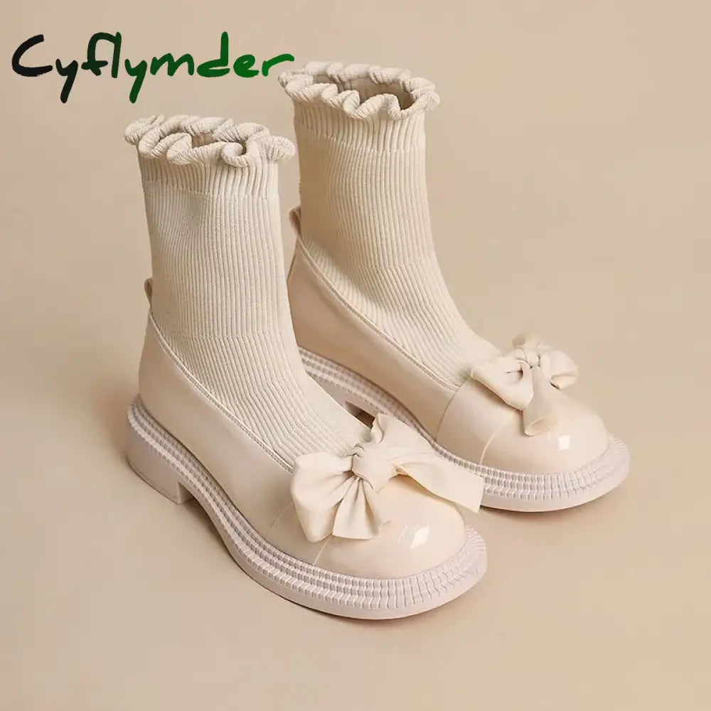 Cyflymder Knitted Women’s Sock Boots New Sweet Butterfly Knot Mary Jane Girl Shoes Autumn Winter Platform Shoes for