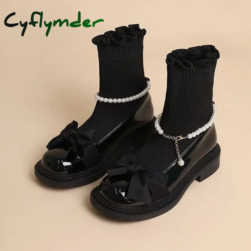 Cyflymder Knitted Women’s Sock Boots New Sweet Butterfly Knot Mary Jane Girl Shoes Autumn Winter Platform Shoes for