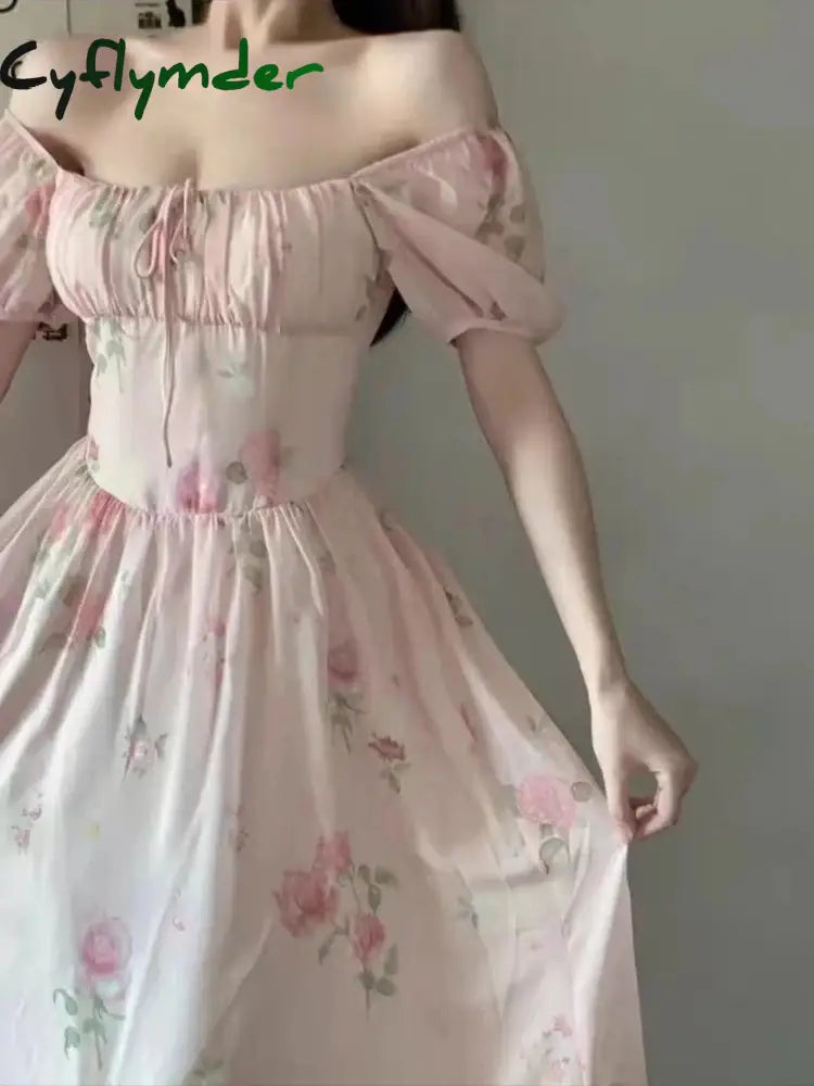 Cyflymder Korea Floral Print Pink Dress Women Elegant Square Collar Puff Sleeve Holiday Midi