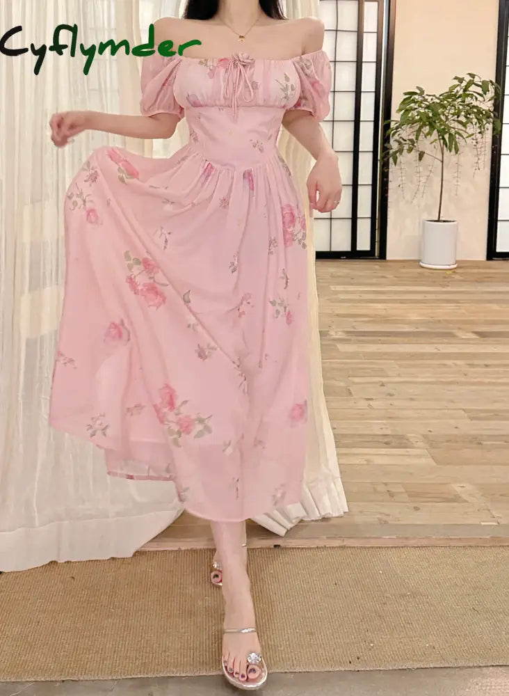 Cyflymder Korea Floral Print Pink Dress Women Elegant Square Collar Puff Sleeve Holiday Midi