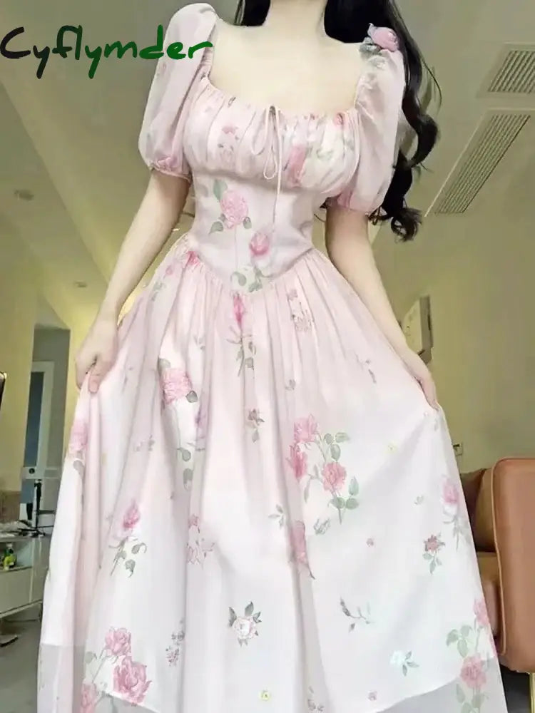 Cyflymder Korea Floral Print Pink Dress Women Elegant Square Collar Puff Sleeve Holiday Midi