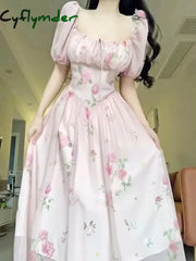 Cyflymder Korea Floral Print Pink Dress Women Elegant Square Collar Puff Sleeve Holiday Midi