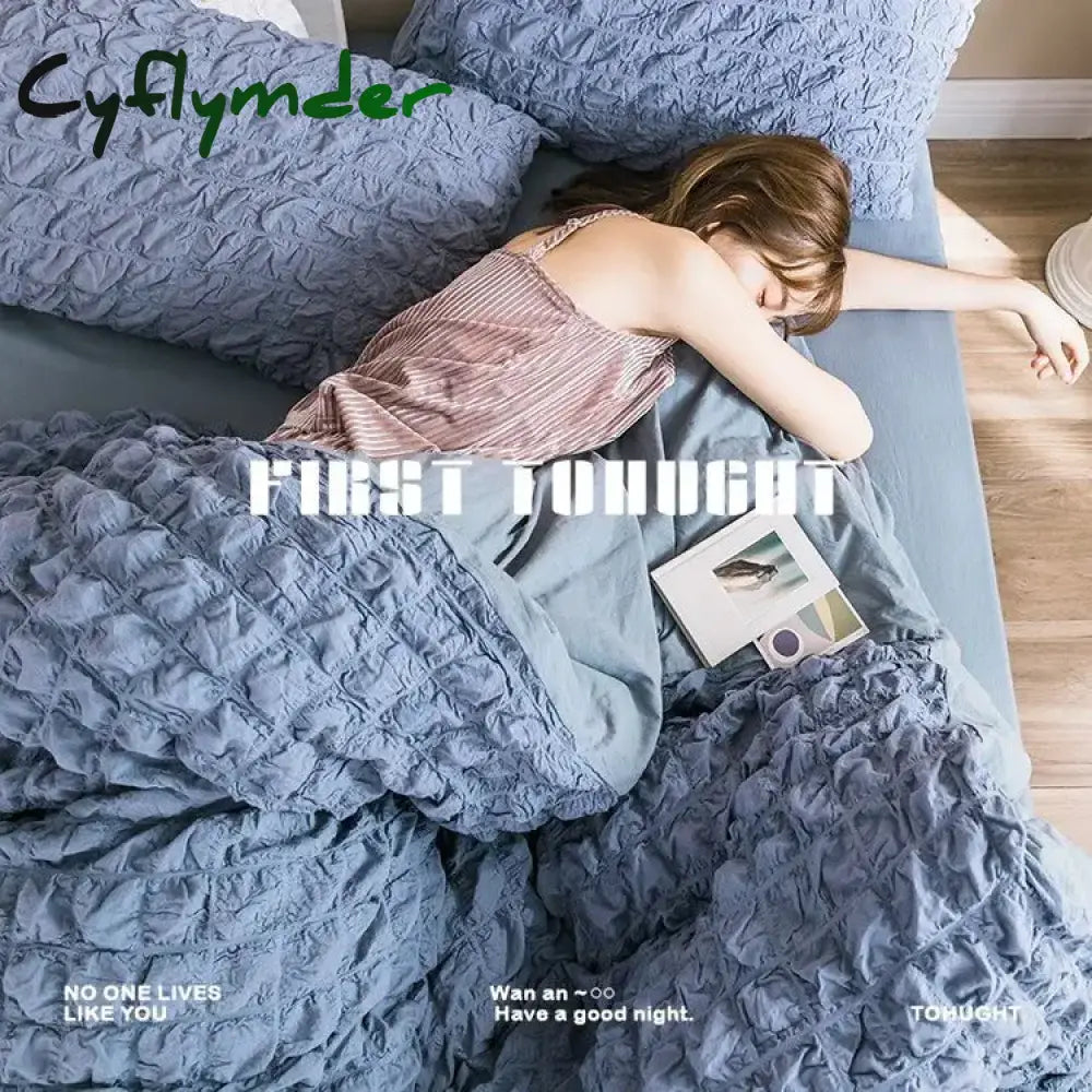 Cyflymder Korea Princess Ruffles Seersucker Bedding Set Ins Solid Color Simple Quilt Cover Skirt Sheets Pillowcase For