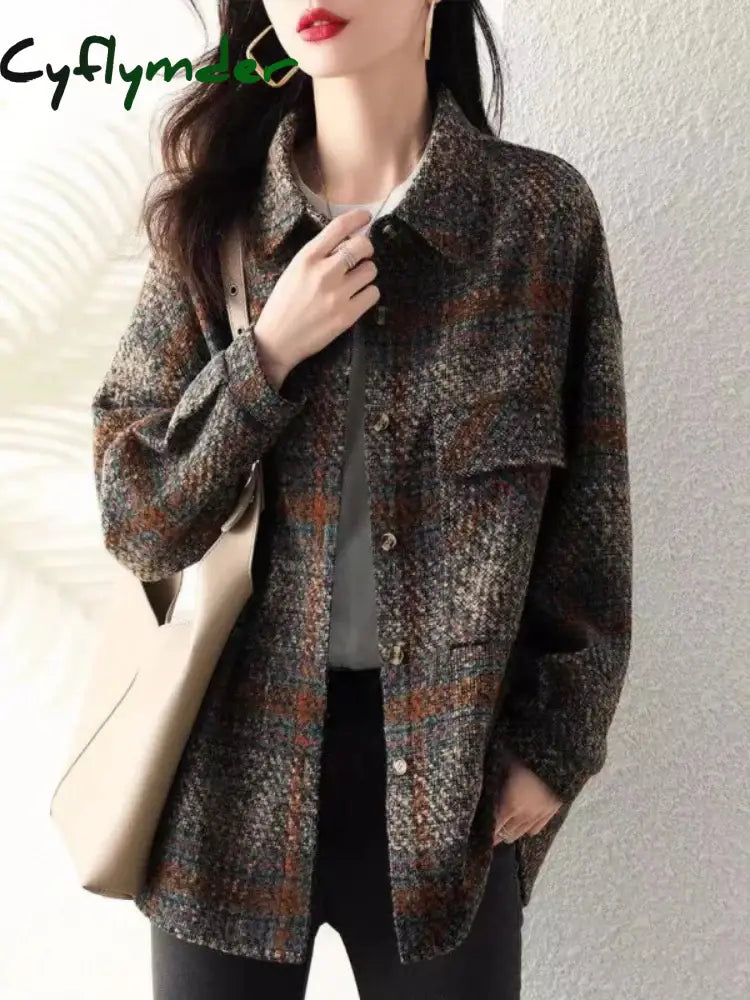 Cyflymder Korean Autumn Clothes New Turn-Down Collar Women’s Coat Street Fashion Plaid Wool &