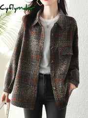 Cyflymder Korean Autumn Clothes New Turn-Down Collar Women’s Coat Street Fashion Plaid Wool &