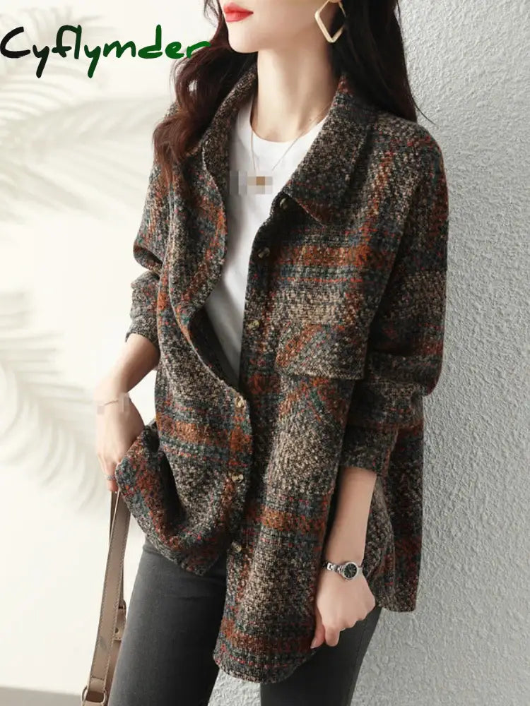 Cyflymder Korean Autumn Clothes New Turn-Down Collar Women’s Coat Street Fashion Plaid Wool &