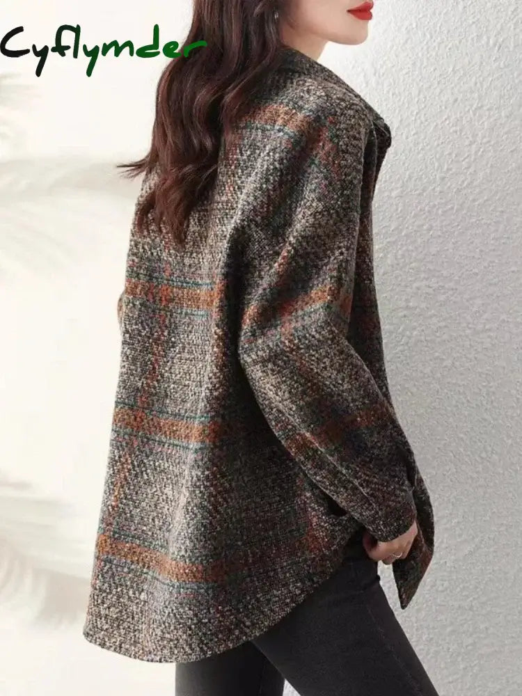 Cyflymder Korean Autumn Clothes New Turn-Down Collar Women’s Coat Street Fashion Plaid Wool &