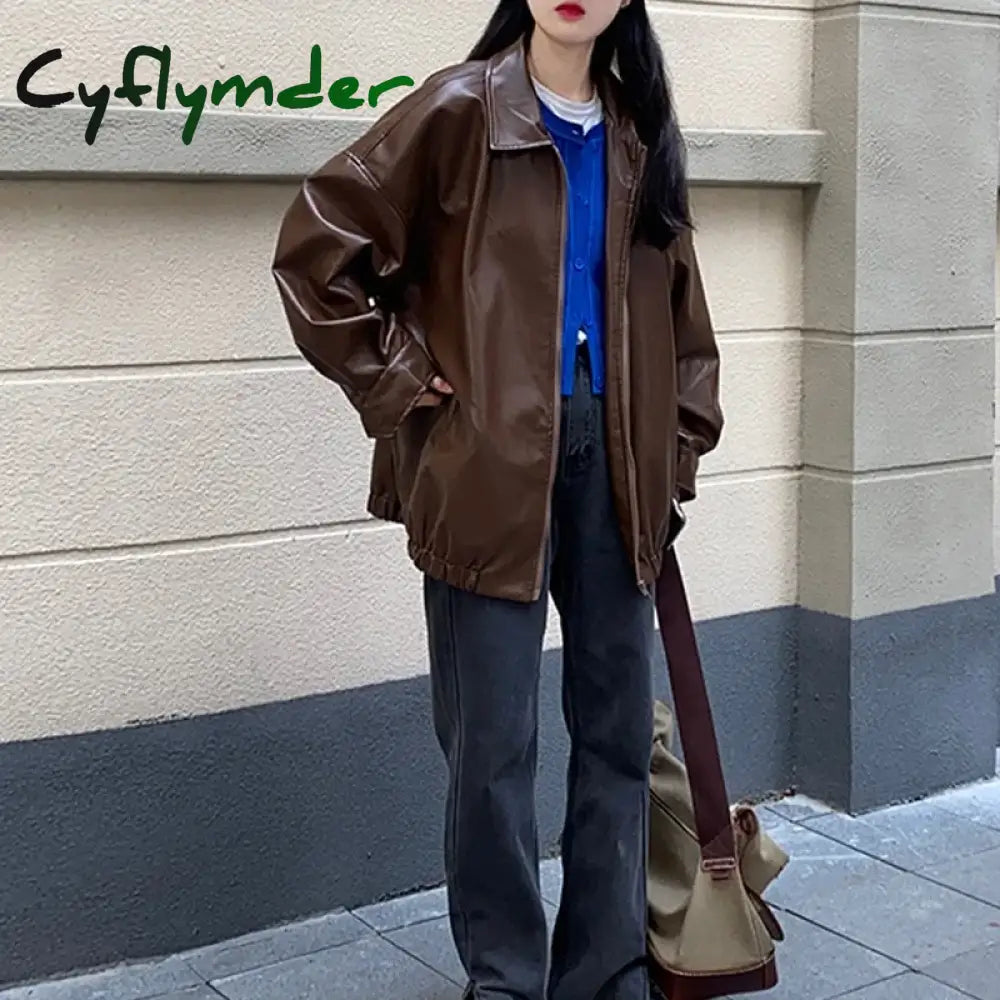 Cyflymder Korean Black Leather Jacket Women Winter Long Women’s Moto Biker Zipper Streetwear