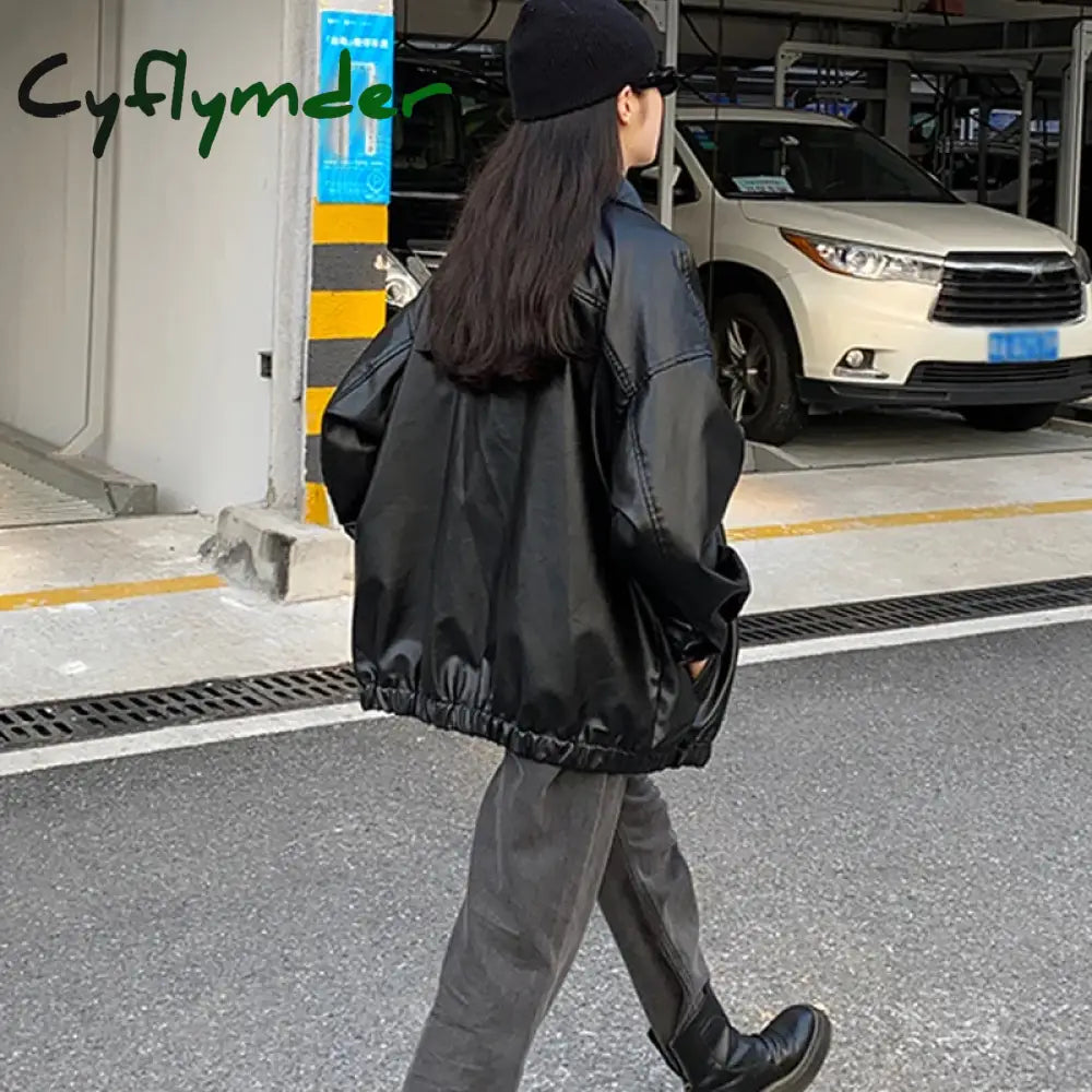 Cyflymder Korean Black Leather Jacket Women Winter Long Women’s Moto Biker Zipper Streetwear